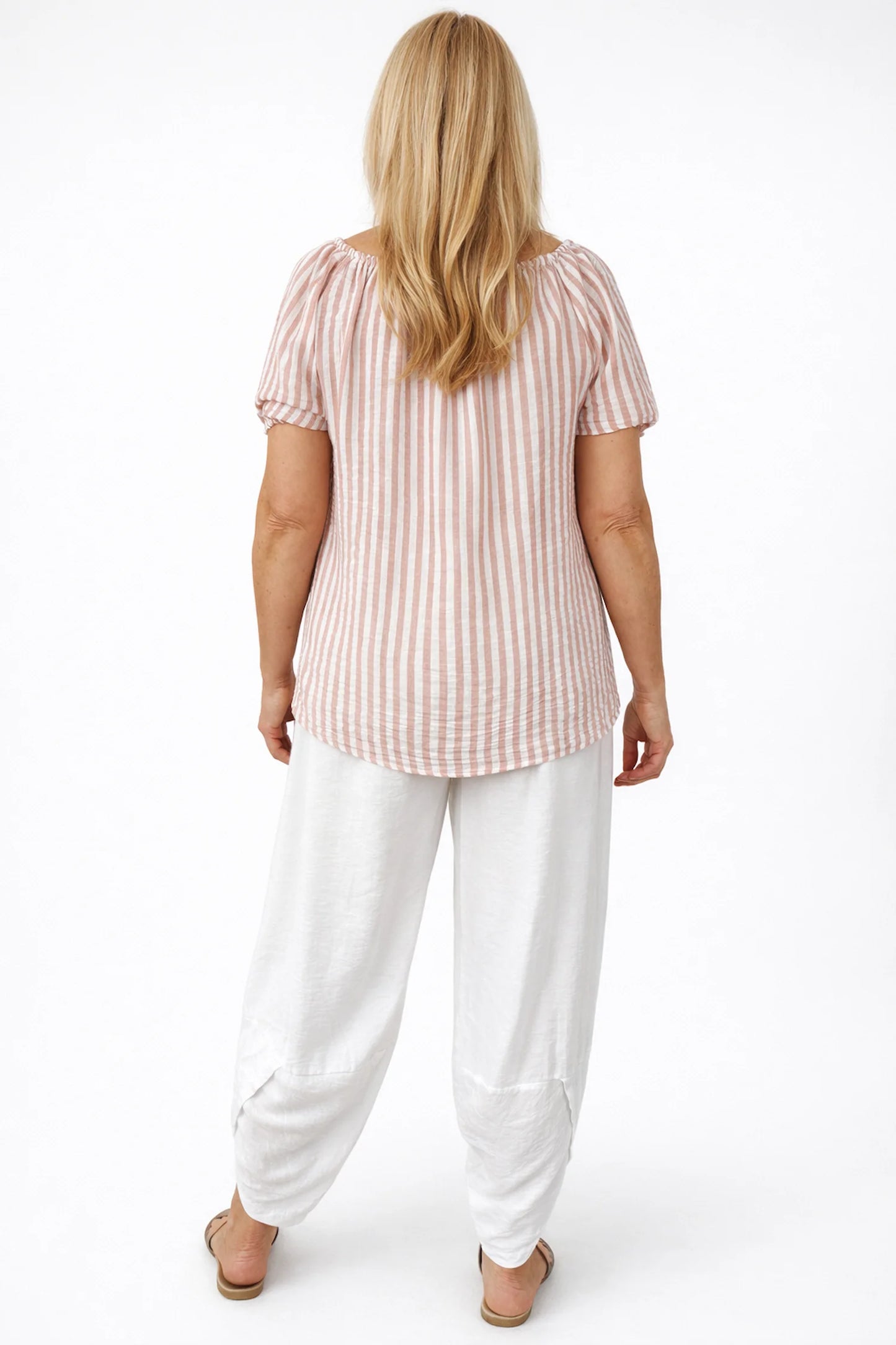 Candy Stripe Cotton Mix Elasticated Sleeve and Neckline Roxy Top - Rosewood Pink