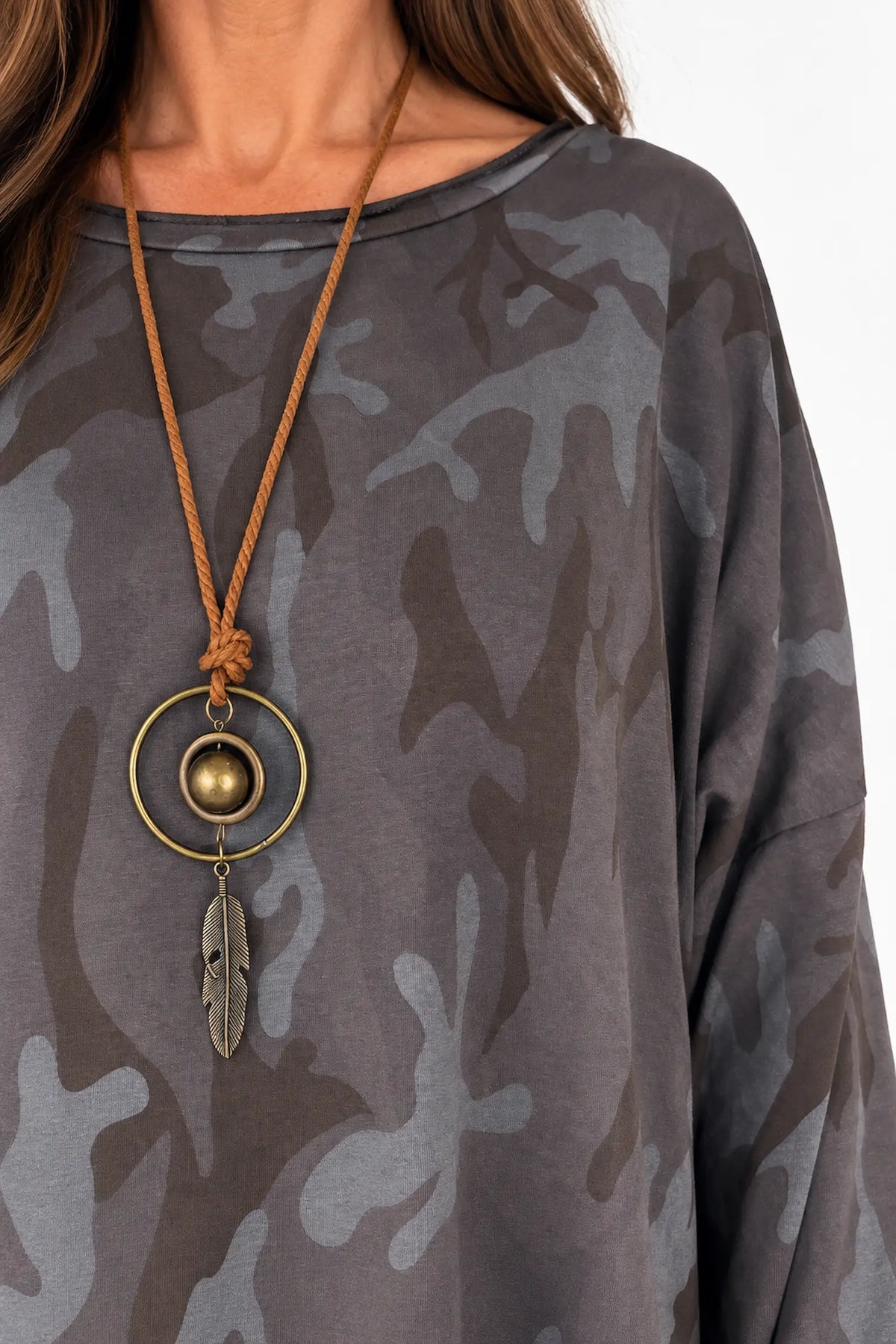Cotton Raw Edge Hem Catia Camo Necklace Top - Chocolate