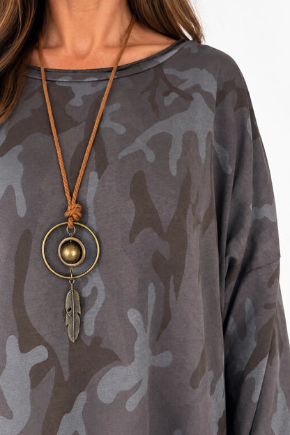 Cotton Raw Edge Hem Catia Camo Necklace Top - Chocolate
