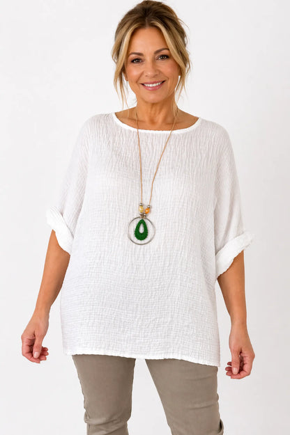 Lightweight Soft Crinkle Texture Lunae Necklace Top - White