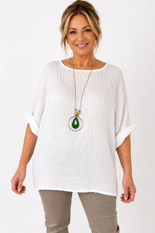 Lightweight Soft Crinkle Texture Lunae Necklace Top - White