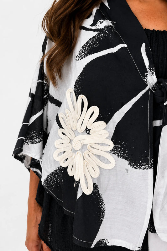 Tie Front Embroidered Floral Detail Batwing Alexa Cover Up - Black