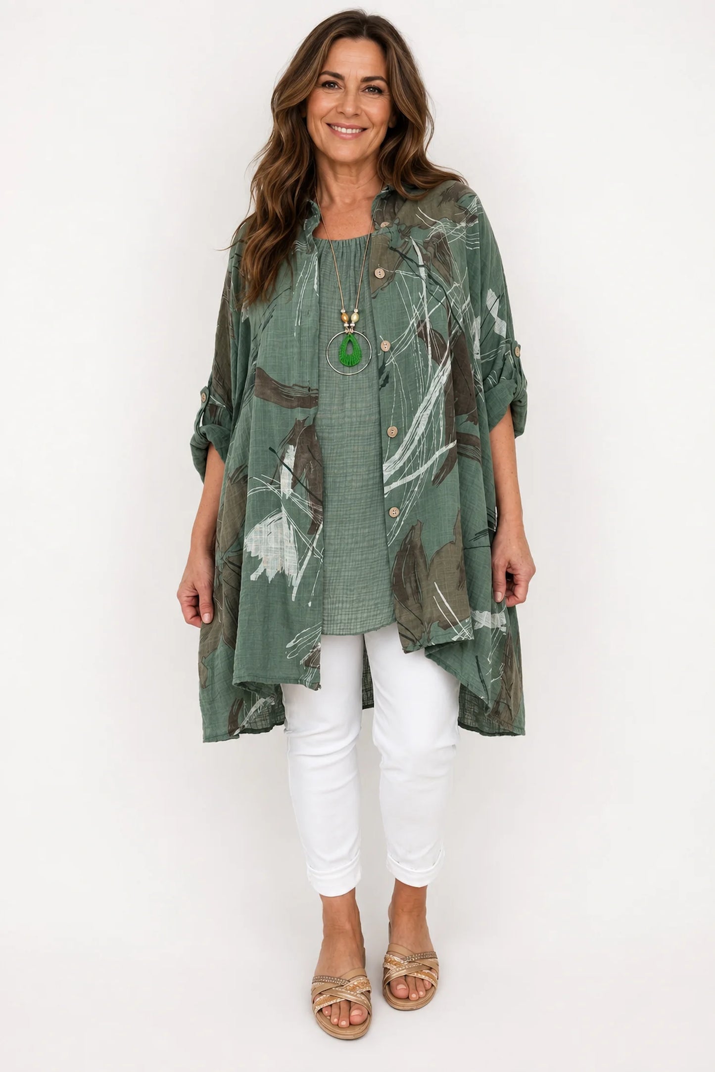 Pure Cotton Button Sleeve Toscana Button Shirt - Khaki