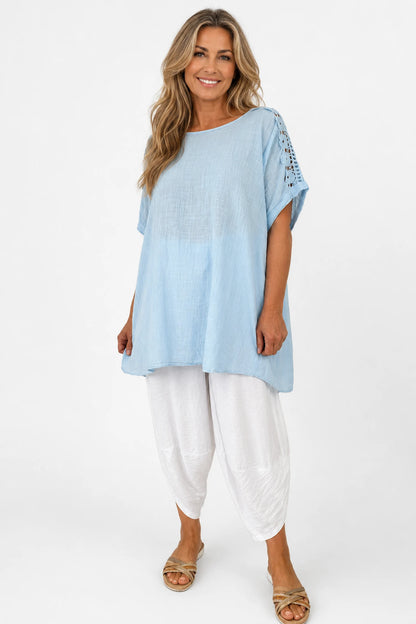 Pure Cotton Embroidered Crochet Sleeve Amira Top - Baby Blue