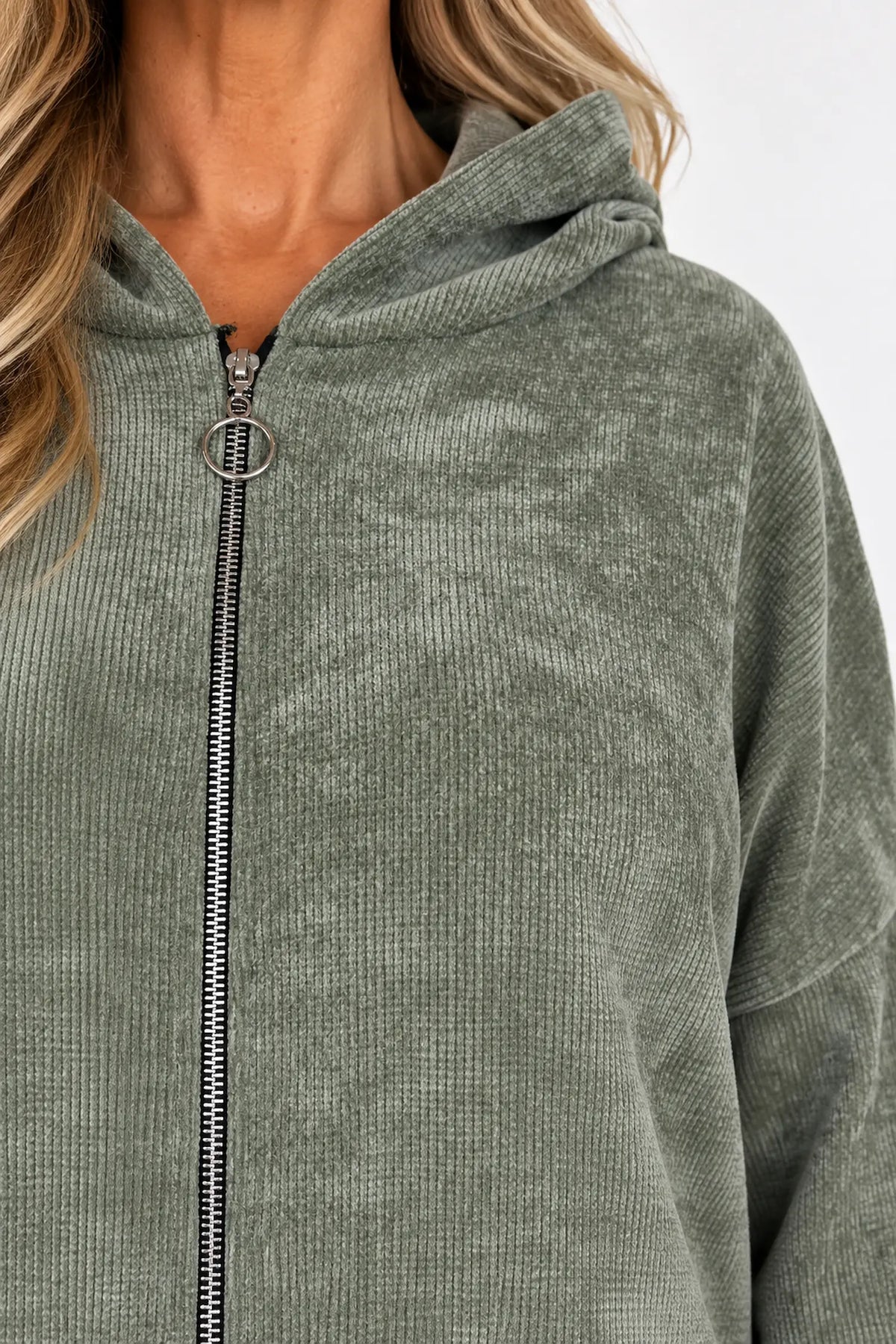 Double Pocket Chenille Zipped Cassie Hoodie - Sage