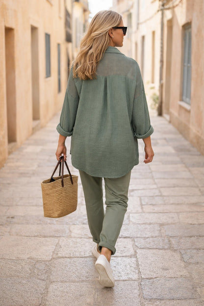 Pure Bubble Cotton Mesh Sleeve/Back Detail Celeste Button Shirt - Khaki