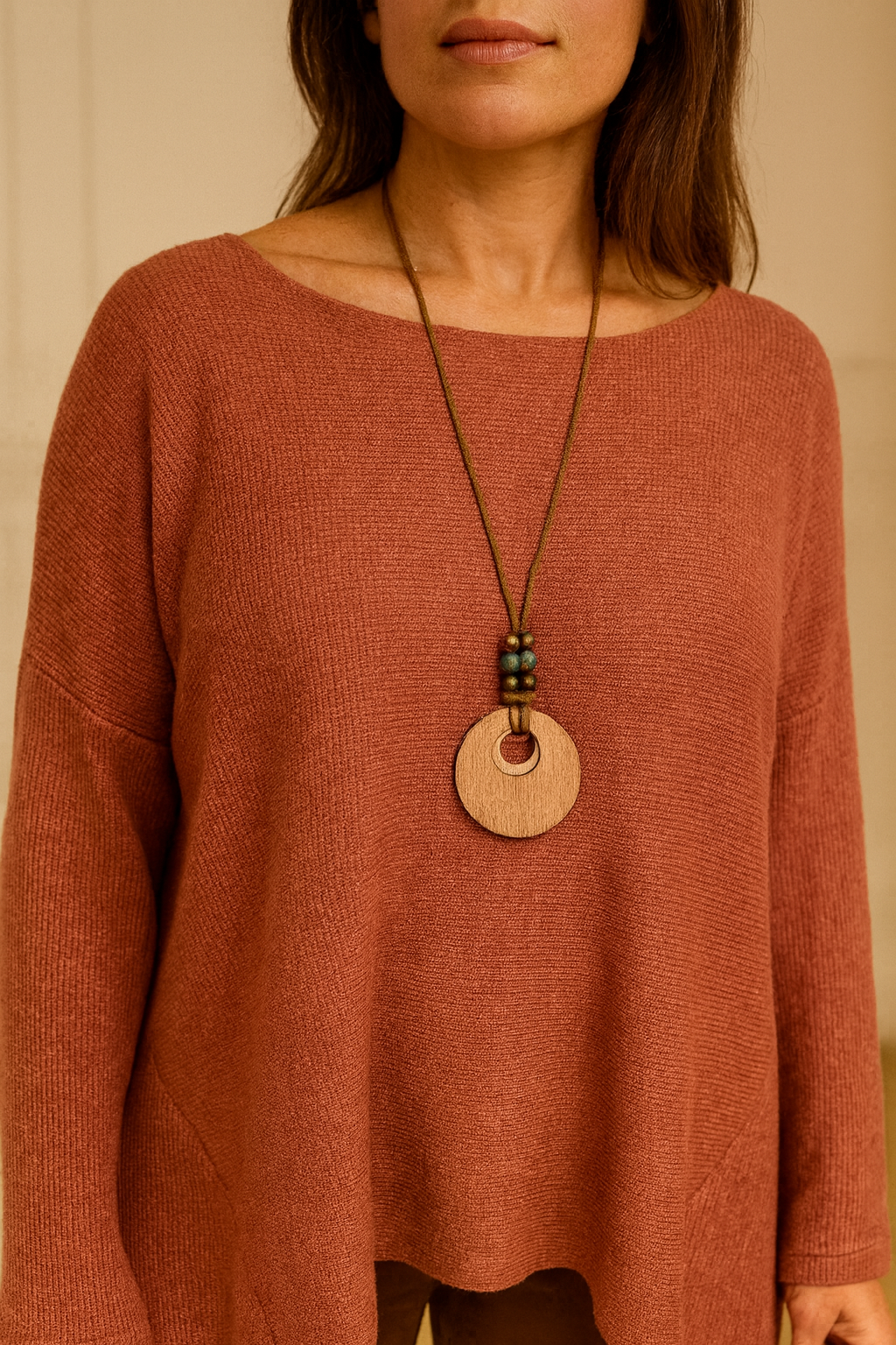 Wool Mix Ribbed Knit Marcela Necklace Top - Burnt Orange