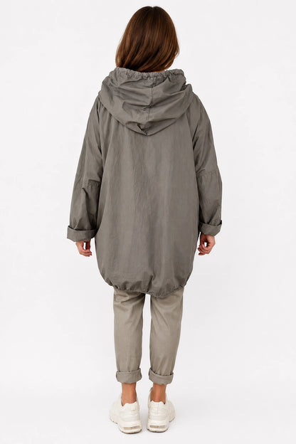 Pure Cotton Embroidery Anglaise Double Pocket Hooded Carletta Drawstring Detail Zipped Jacket - Mocha
