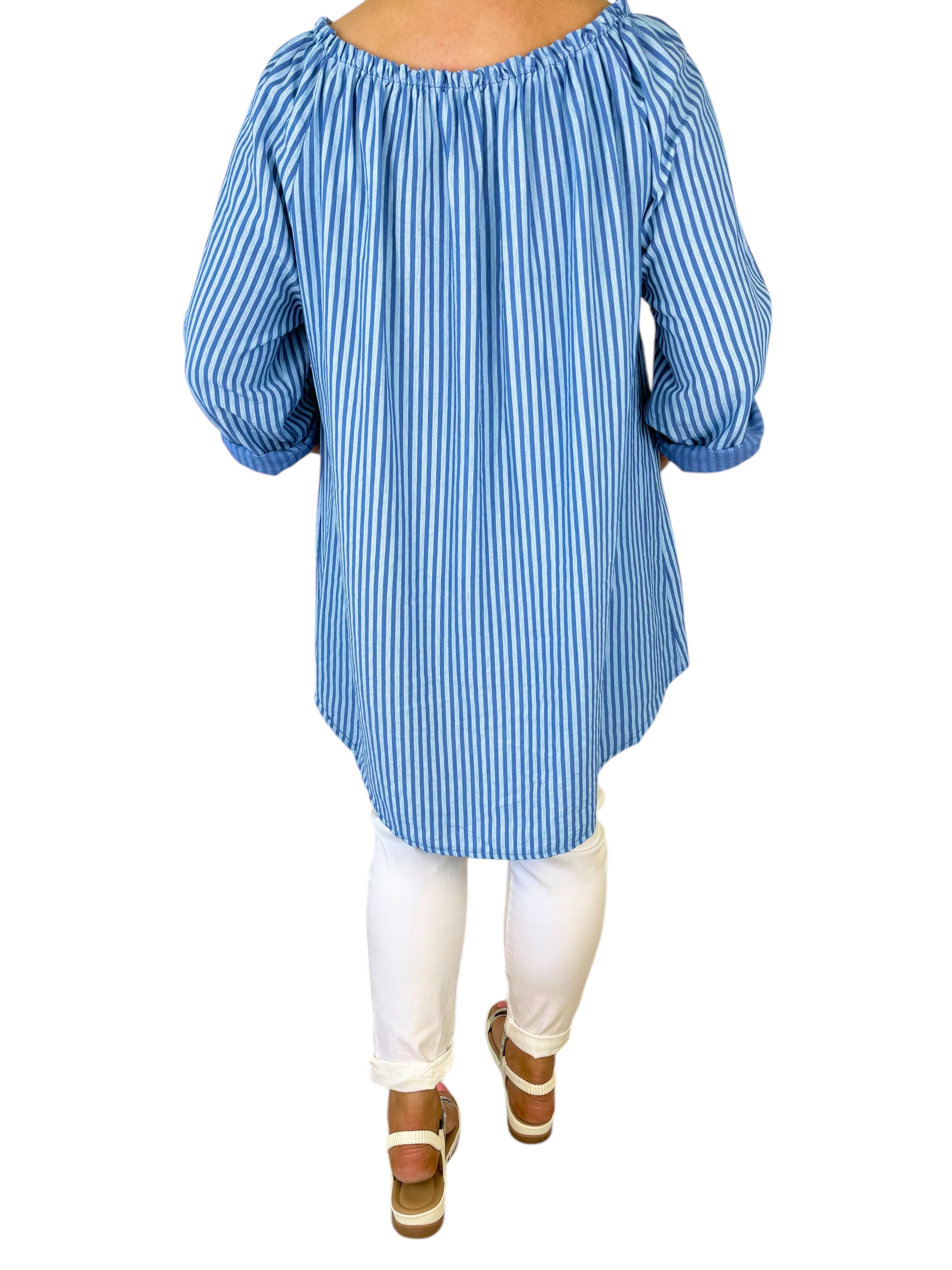 Tied Detail Stripe Valencia Top - Denim