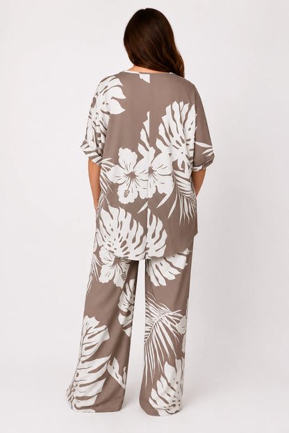 Tropical Print Lightweight Flow Carrisa Top - Mocha