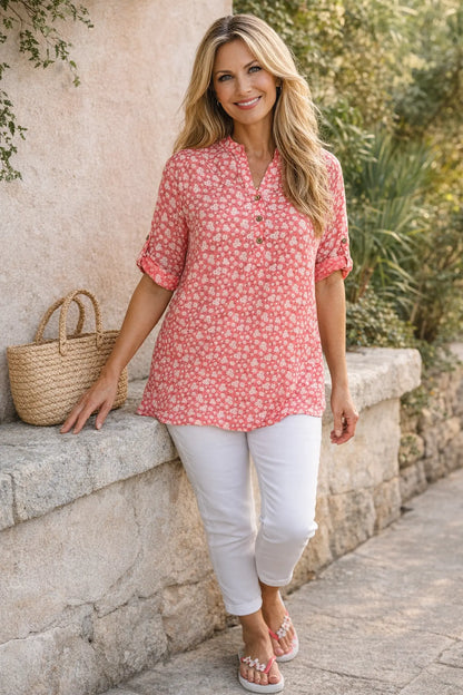 Linen Look Cotton Button Sleeve Daisy Button Shirt - Coral