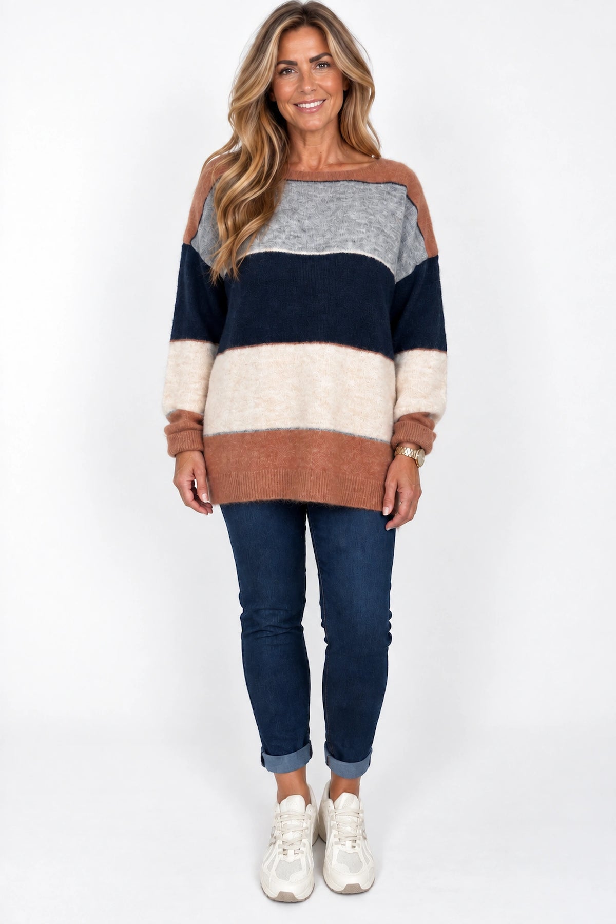 Wool Mix Stripe Marie Top - Navy/Fleck Denim/Toffee/Beige
