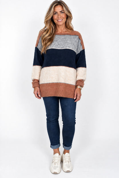 Wool Mix Stripe Marie Top - Navy/Fleck Denim/Toffee/Beige
