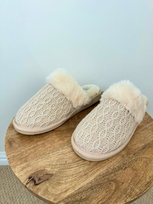 Faux Fur Lined Silver Sparkle Detail Slippers - Beige