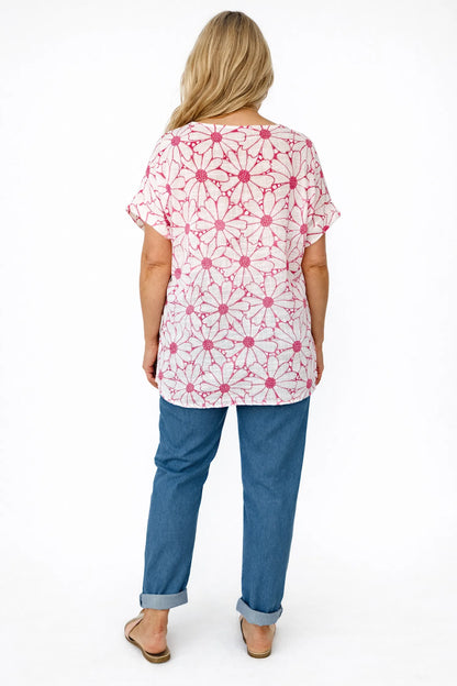 Pure Cotton Velina Floral Necklace Top - Deep Pink