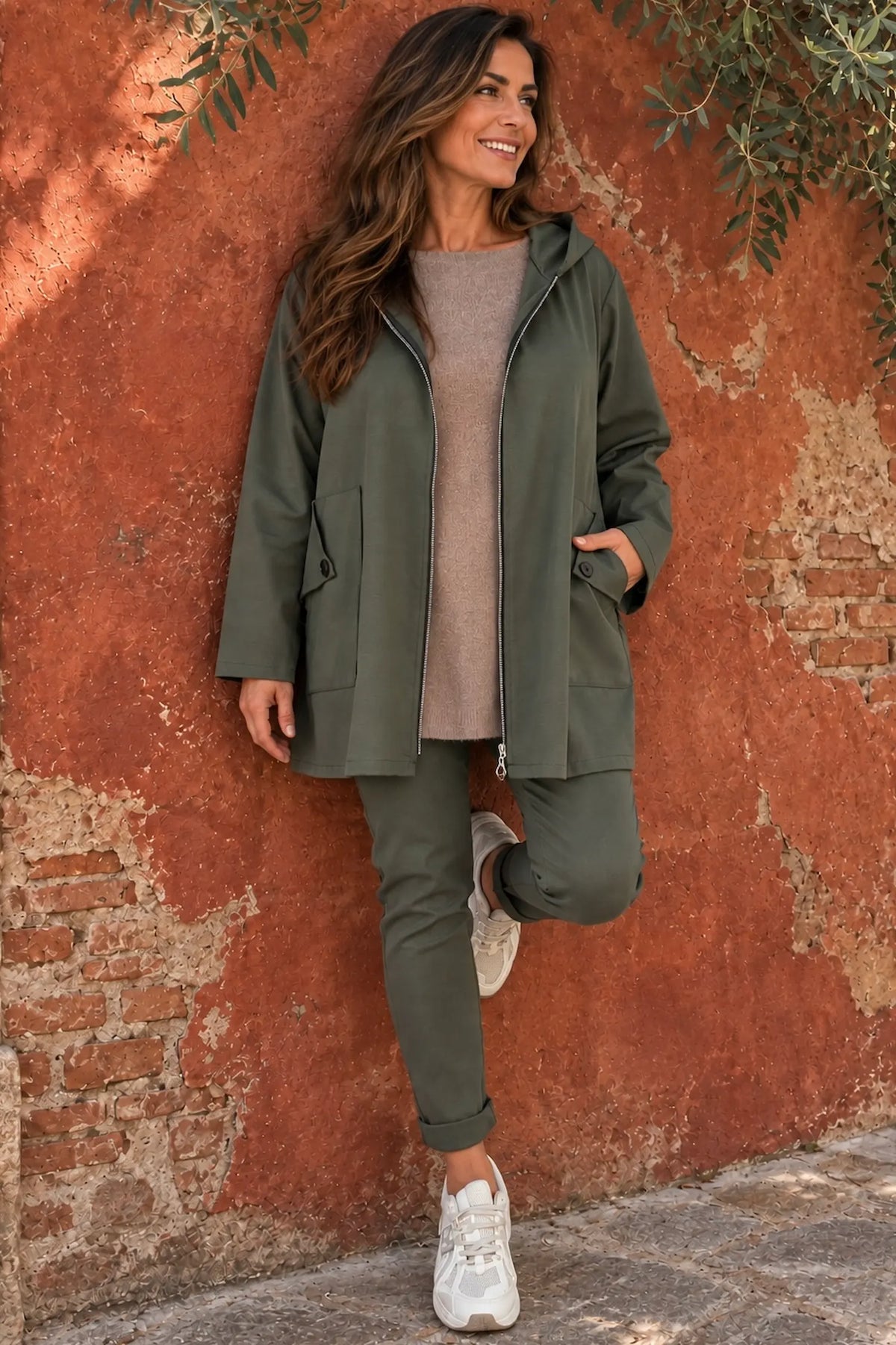 Cotton Button Back Detail Double Button Pocket Marnie Zipped Jacket - Khaki