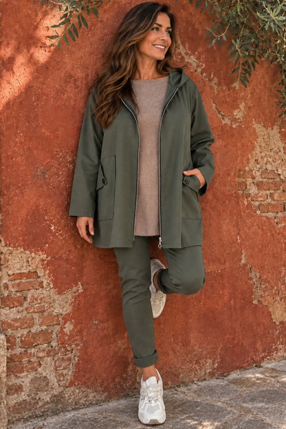 Cotton Button Back Detail Double Button Pocket Marnie Zipped Jacket - Khaki