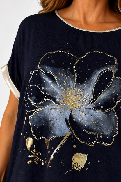 Lightly Textured Golden Diamanté Clover Gold Trim Diana Top - Navy