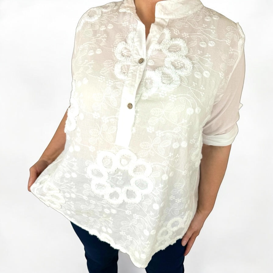 Pure Cotton Embroidery Anglaise Riviala Button Sleeve Shirt - White