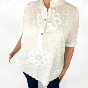 Pure Cotton Embroidery Anglaise Riviala Button Sleeve Shirt - White