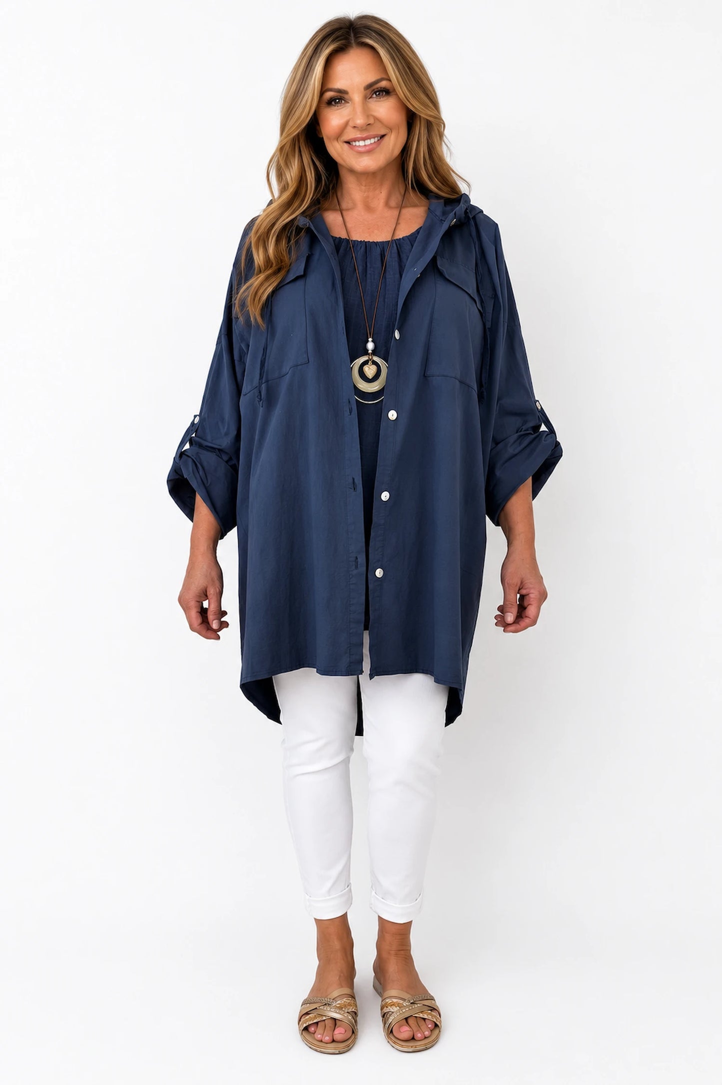Cotton Double Flap Pocket Button Sleeve Izzy Hooded Overshirt - Navy