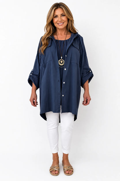 Cotton Double Flap Pocket Button Sleeve Izzy Hooded Overshirt - Navy