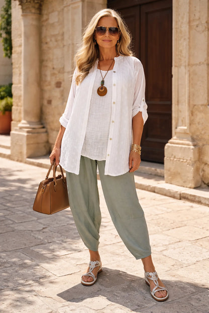 Cotton Embroidery Anglaise Button Sleeve Ginevra Button Shirt - White