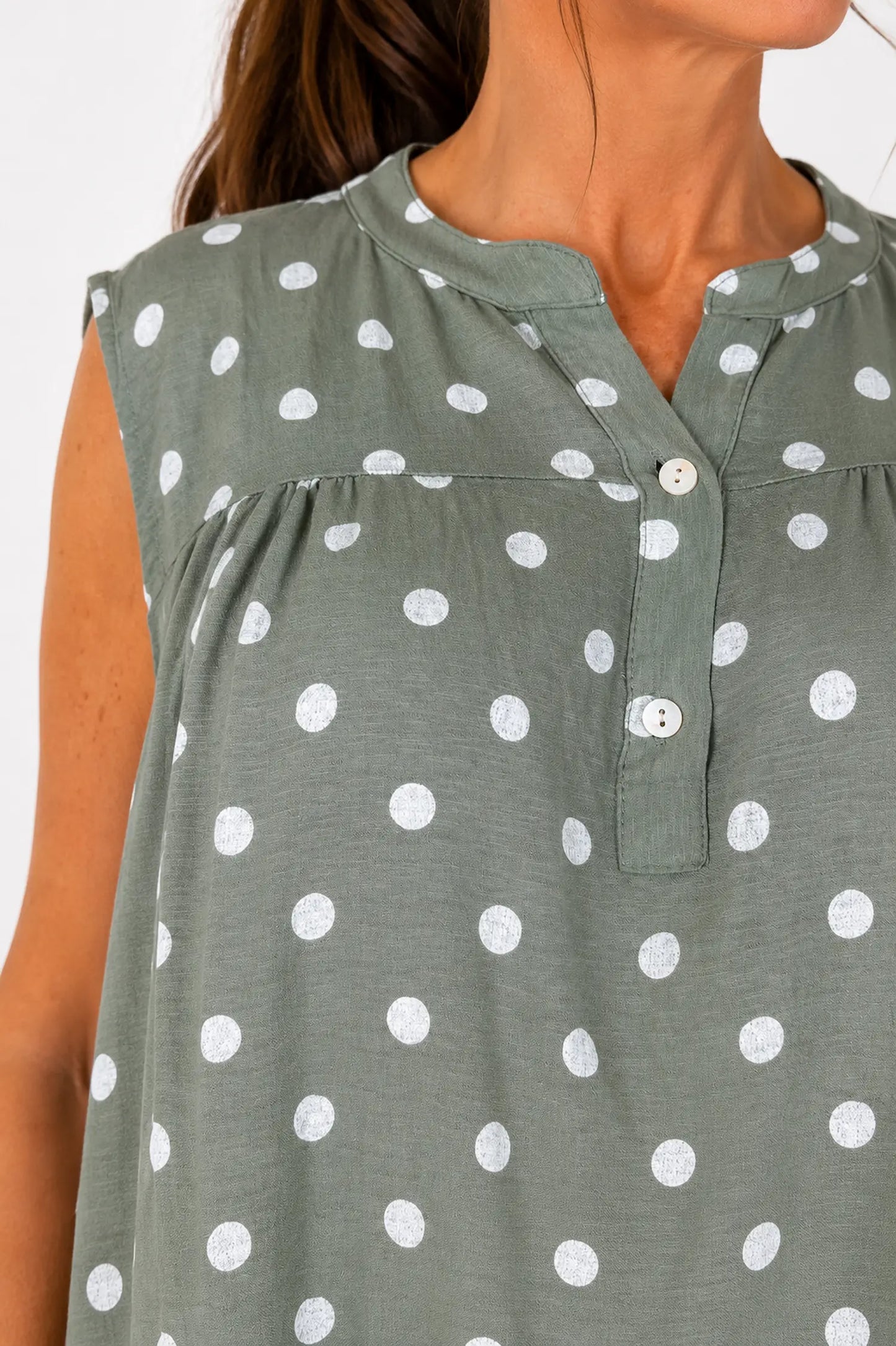 Polka Dot Valentina Button Cap Sleeve Top - Khaki