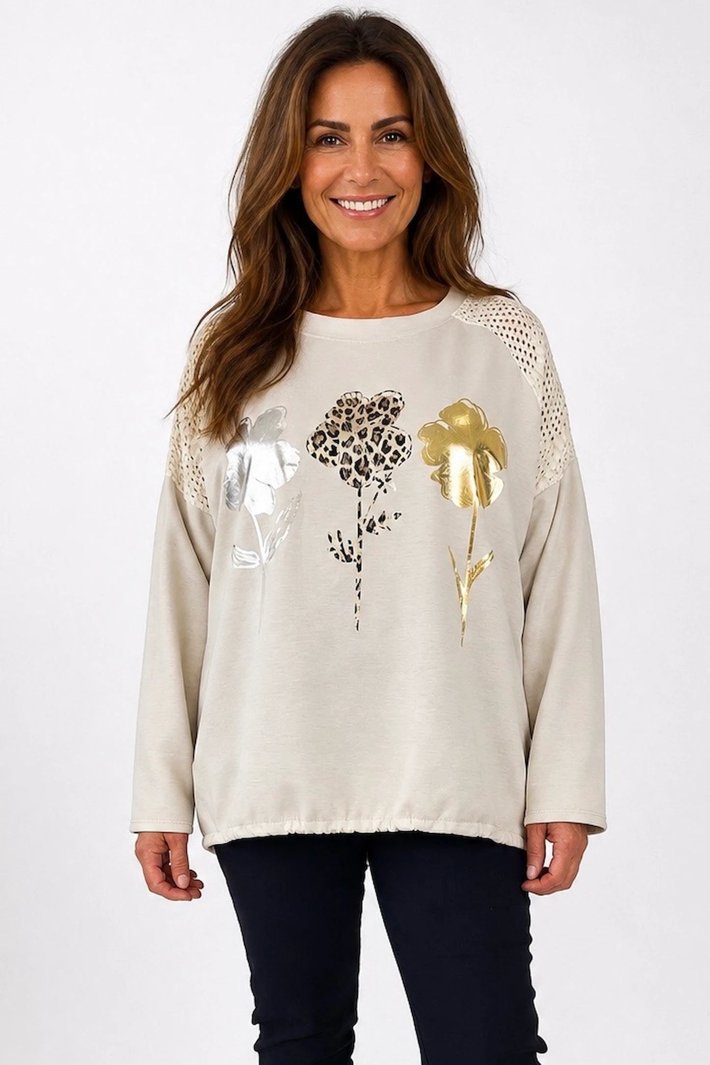 Golden Stitch Crochet Sleeve Metallic Floral Carvella Top - Beige