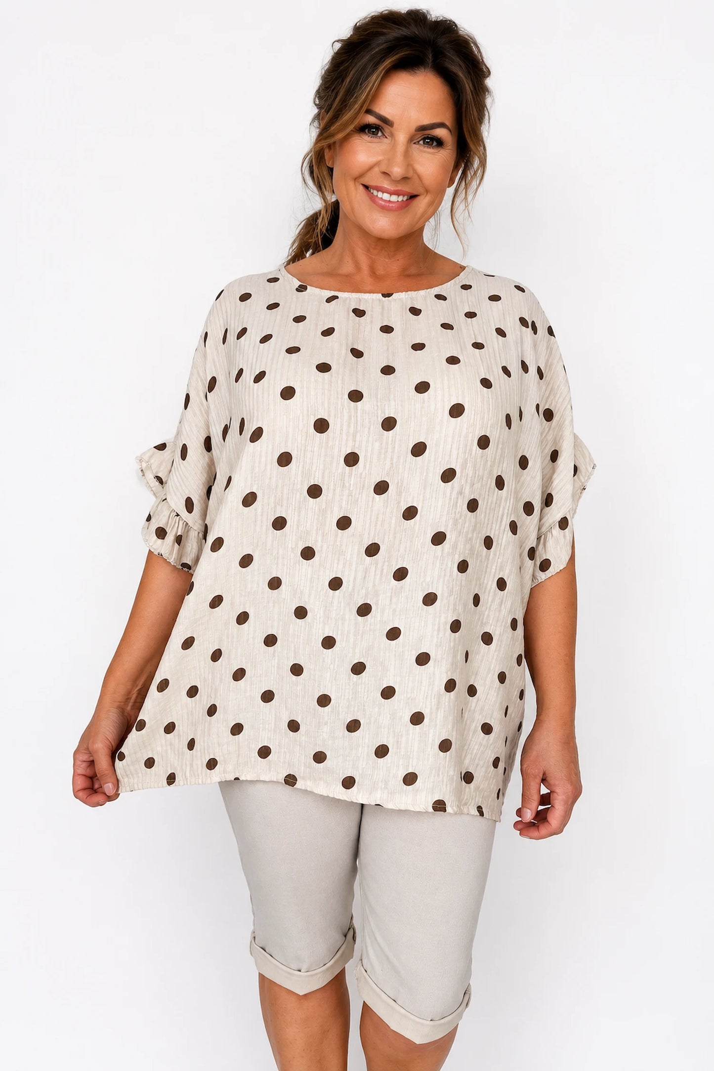 Polka Dot Frill Sleeve Soft Stitch Allegra Top - Beige
