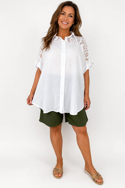 Lace Crochet Shoulder Alexandra Button Shirt - White