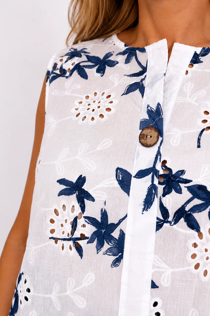 Pure Cotton Button Detail Embroidery Anglaise Mirella Sleeveless Top - Denim