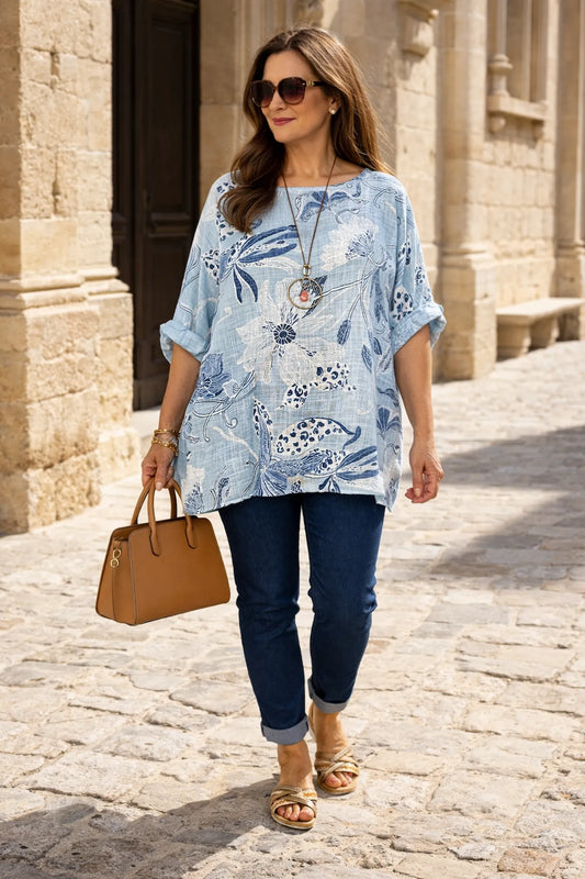 Pure Cotton María Necklace Top - Baby Blue