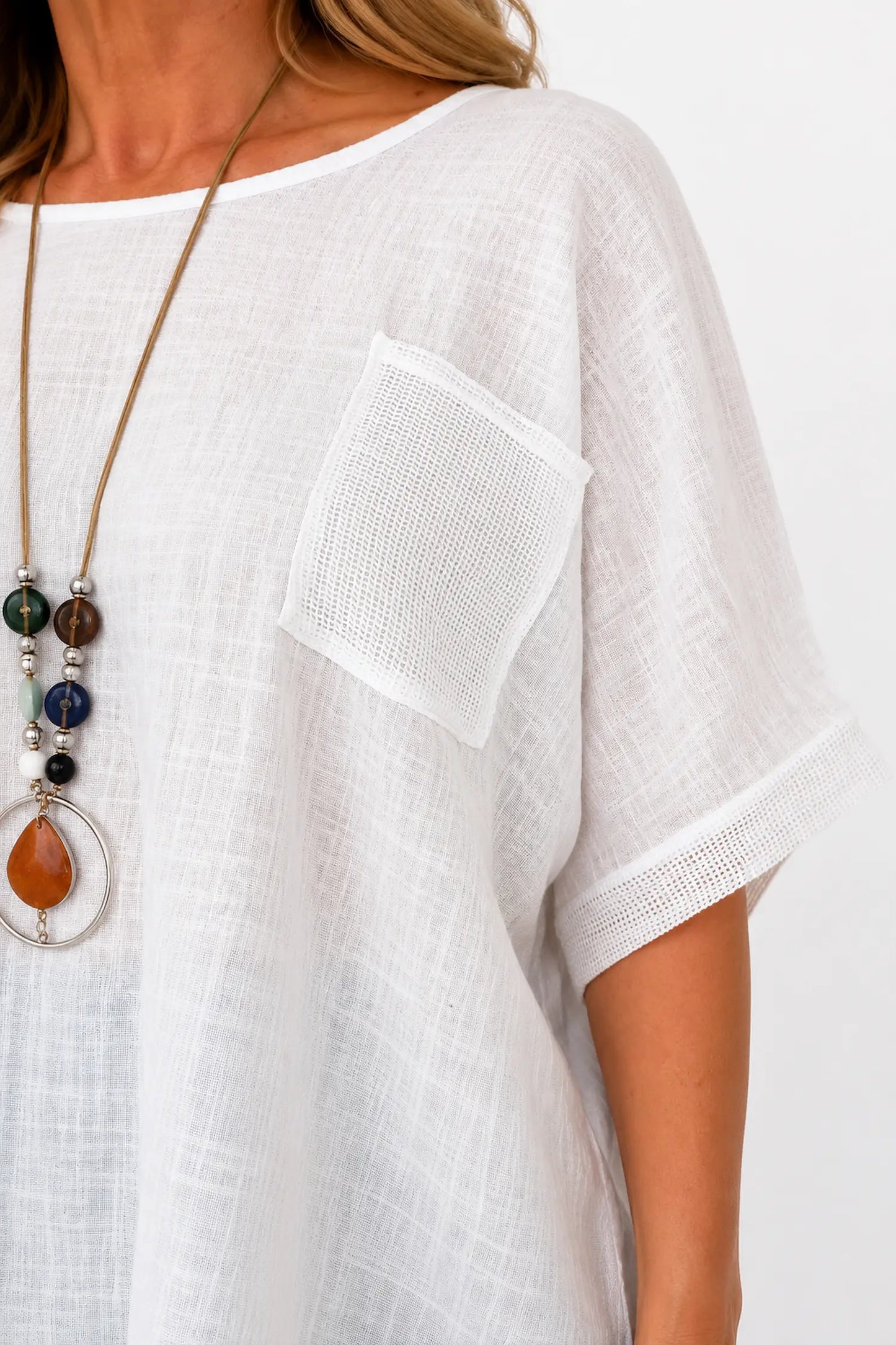 Pure Cotton Mesh Detail Pocketed Portofino Necklace Top - White