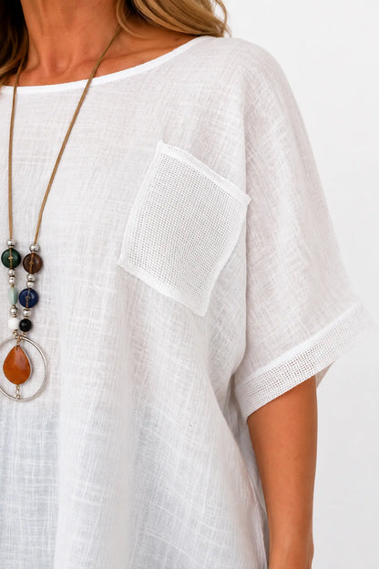 Pure Cotton Mesh Detail Pocketed Portofino Necklace Top - White