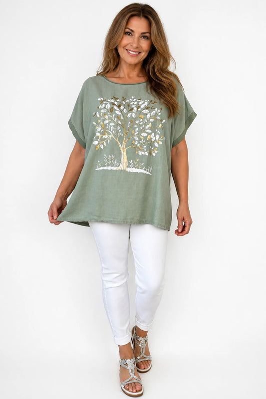 Linen Cotton Mix Diamanté Golden Leaf Carletta Top - Khaki