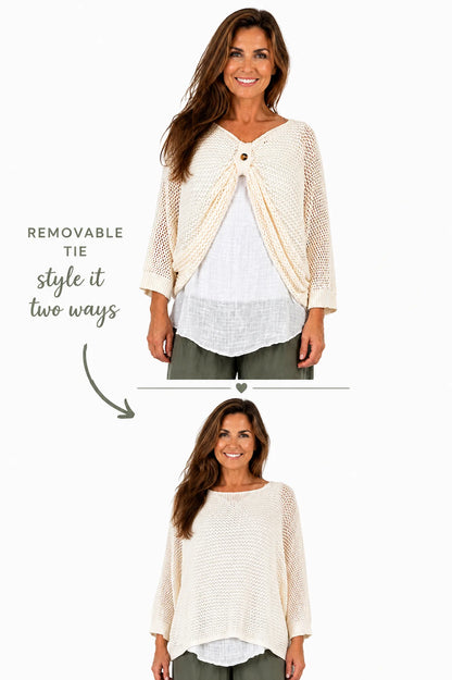 Pure Cotton Removable Tie Alexandra Batwing Crochet Top - Cream