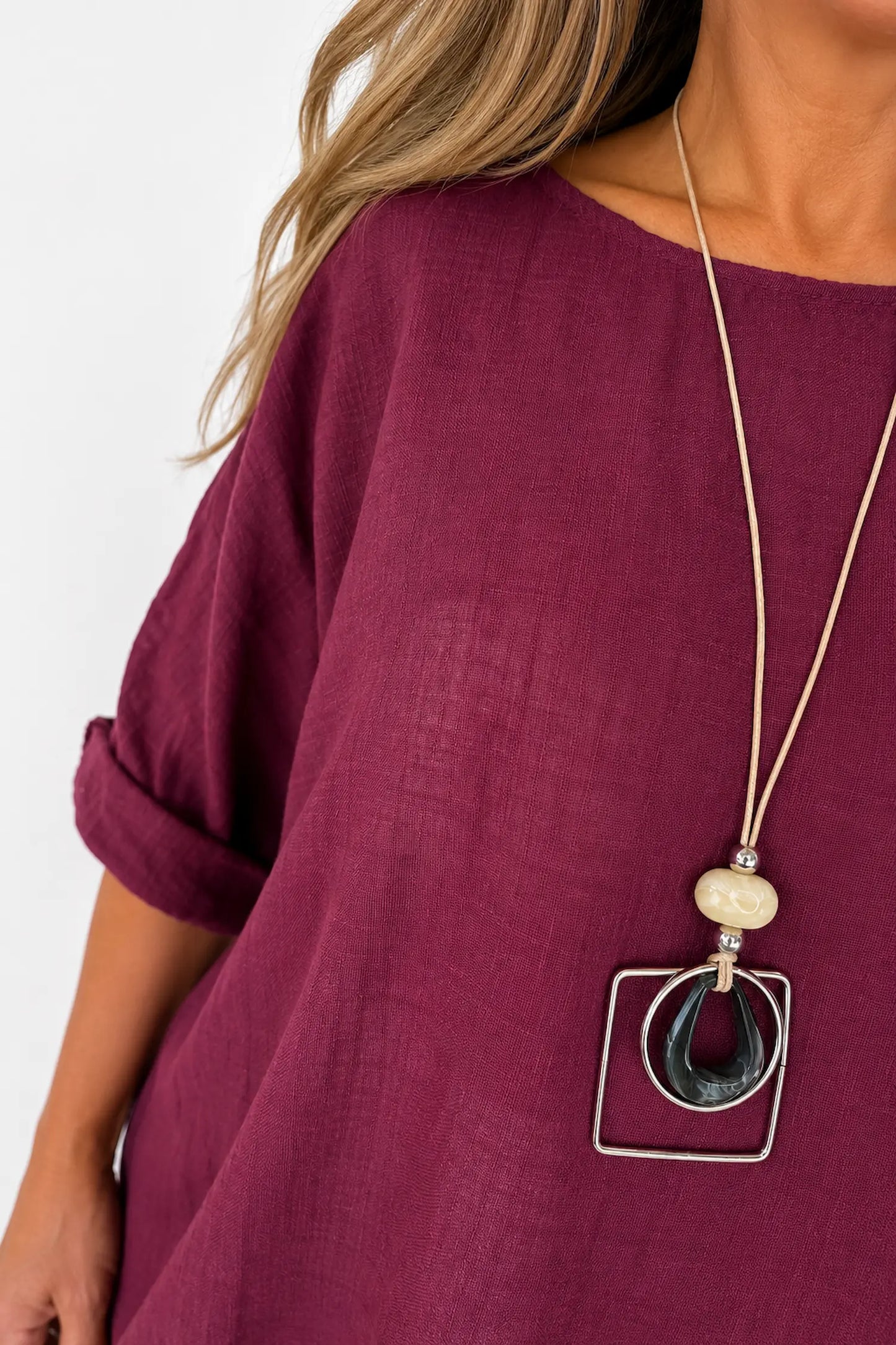 Pure Cotton Linen Look Italia Necklace Top - Grape