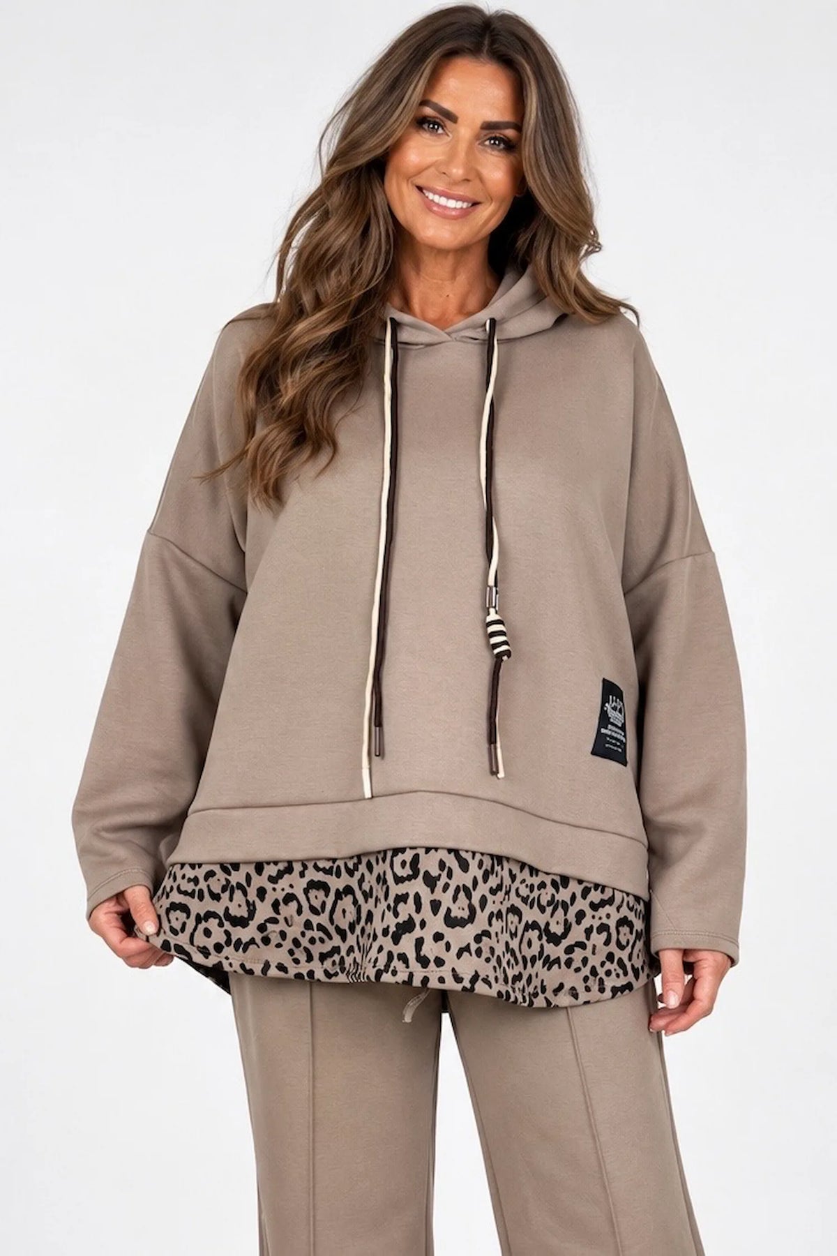 Badge Detail Kiki Leopard Drawstring Hoodie - Mocha