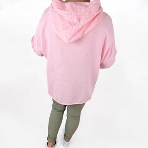 Badge Detail Button Sleeve Bubble Cotton Mara Pocket Hoodie - Baby Pink