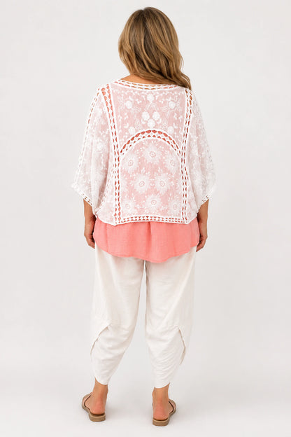 Pure Cotton Embroidery Anglaise Florenzi Batwing Cardigan - White