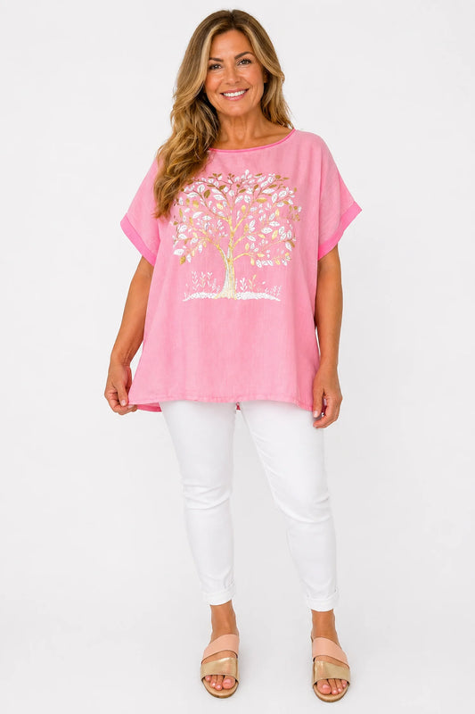 Linen Cotton Mix Diamanté Golden Leaf Carletta Top - Summer Rose Pink