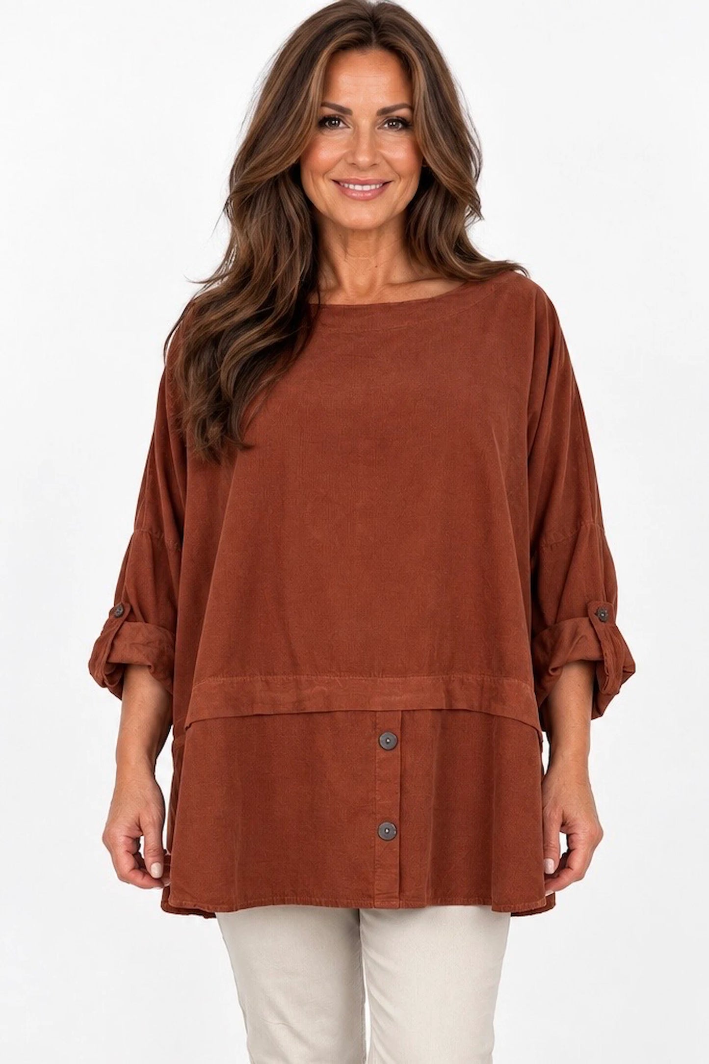 Pure Cotton Needlecord Button Sleeve Button Detail Riviera Top - Burnt Orange