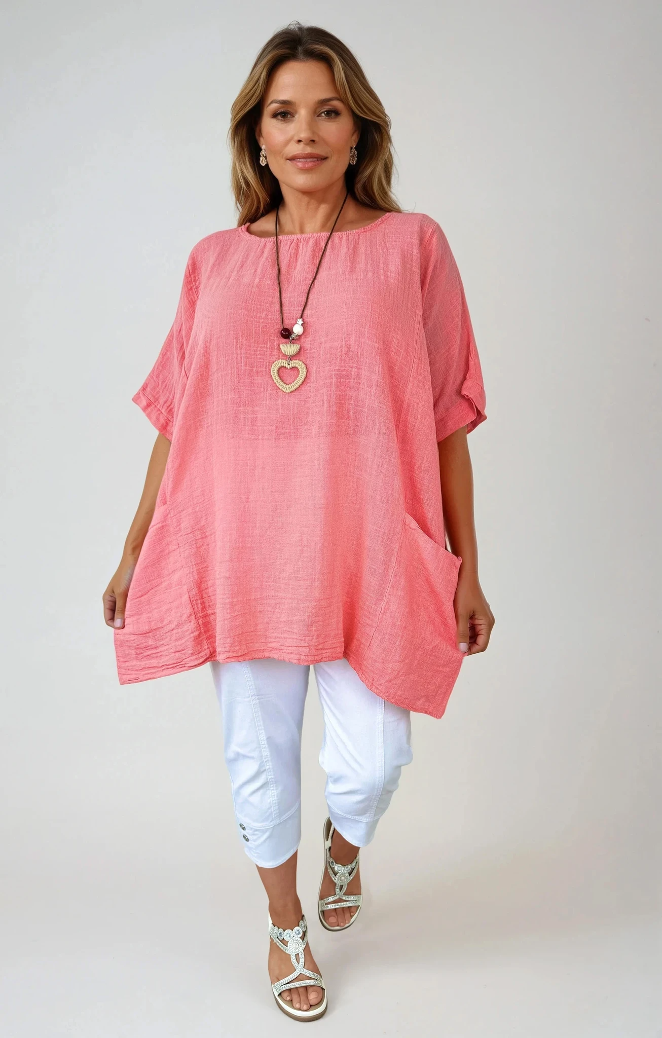 Pure Cotton Double Pocket Marlin Necklace Top - Coral