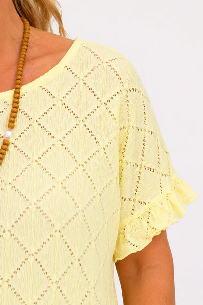 Lightly Textured Frill Sleeve Giana Necklace Top - Lemon