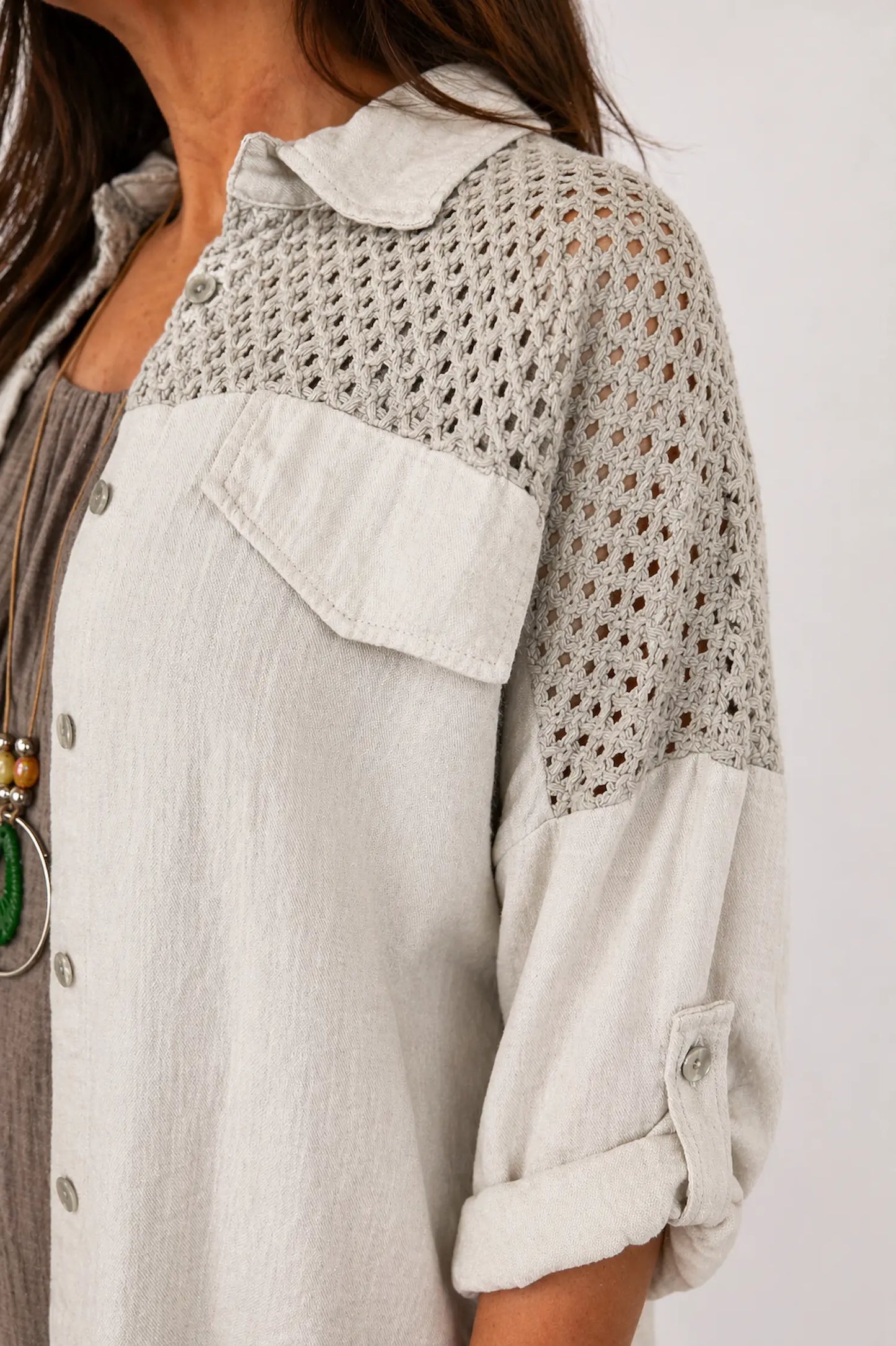 Mesh Detail Double Flap Button Sleeve Florence Button Shirt - Stone