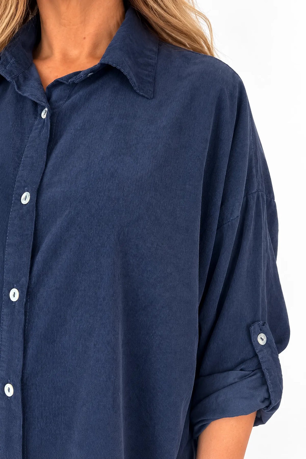 Pure Cotton Needlecord Button Sleeve Milan Button Shirt - Navy