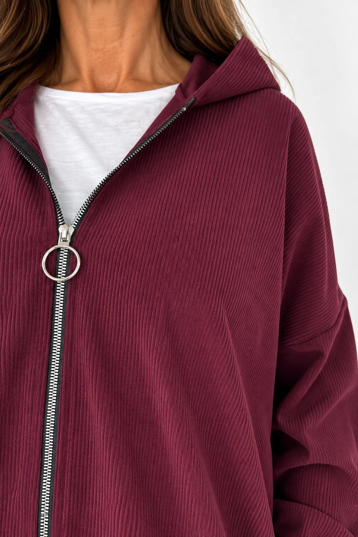 Double Pocket Zipped Cord Darci Hooded Jacket - Italia Wine