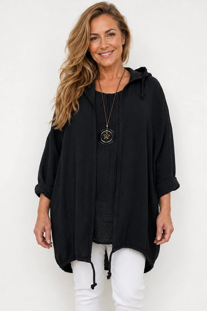 Drawstring Hem Lightweight Hooded Amirella Jacket - Black