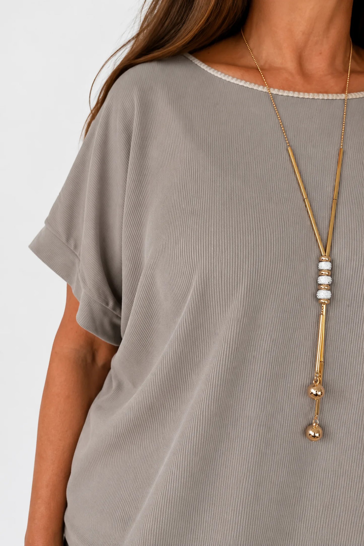 Fine Ribbed Gold Trim Sophia Necklace Top - Mocha